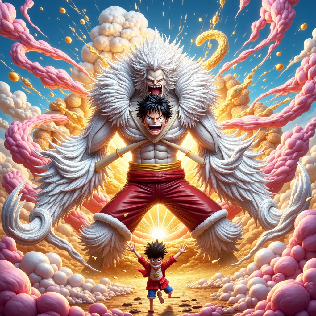 an aesthetically captivating,  side-splitting masterpiece featuring Luffy from One Piece,  flaunting his extraordinary ela...