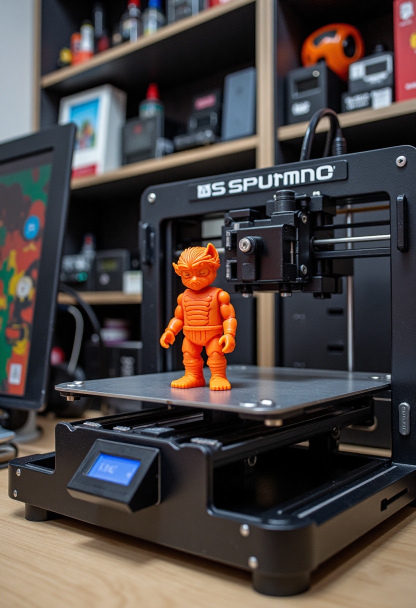 The image showcases a sophisticated 3D printer at work,  neatly positioned in a workspace filled with various gadgets in t...