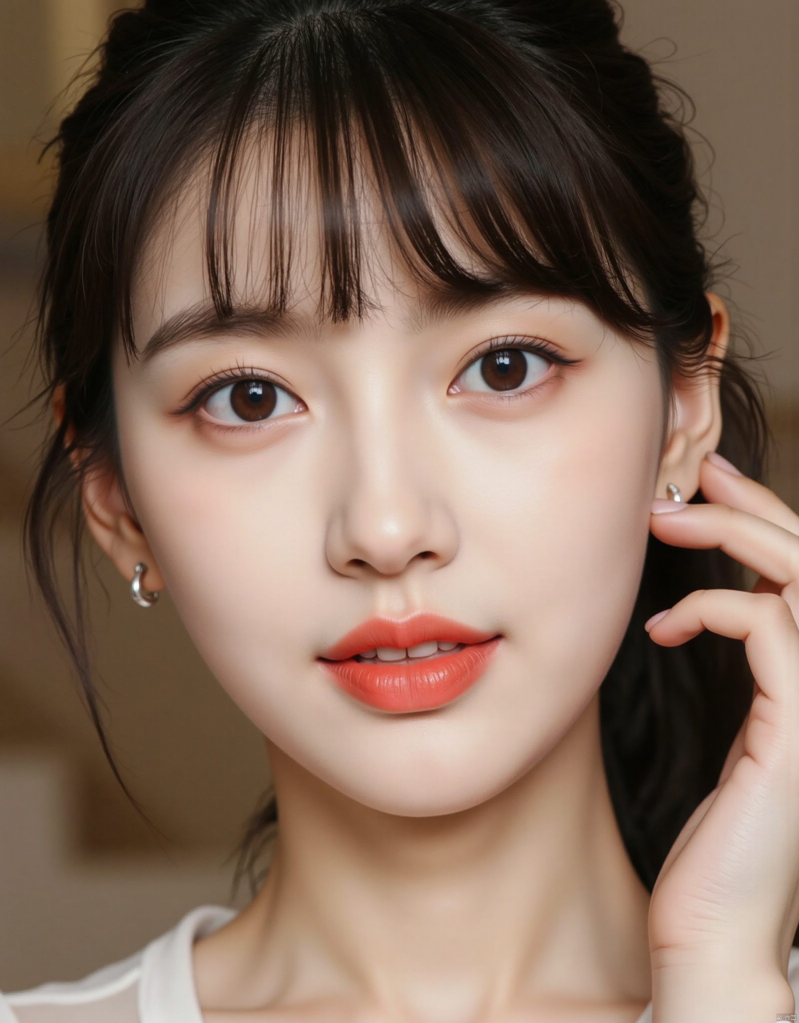 1girl, solo, looking at viewer, smile, black hair, brown eyes, jewelry, closed mouth, earrings, lips, lipstick, portrait, realistic