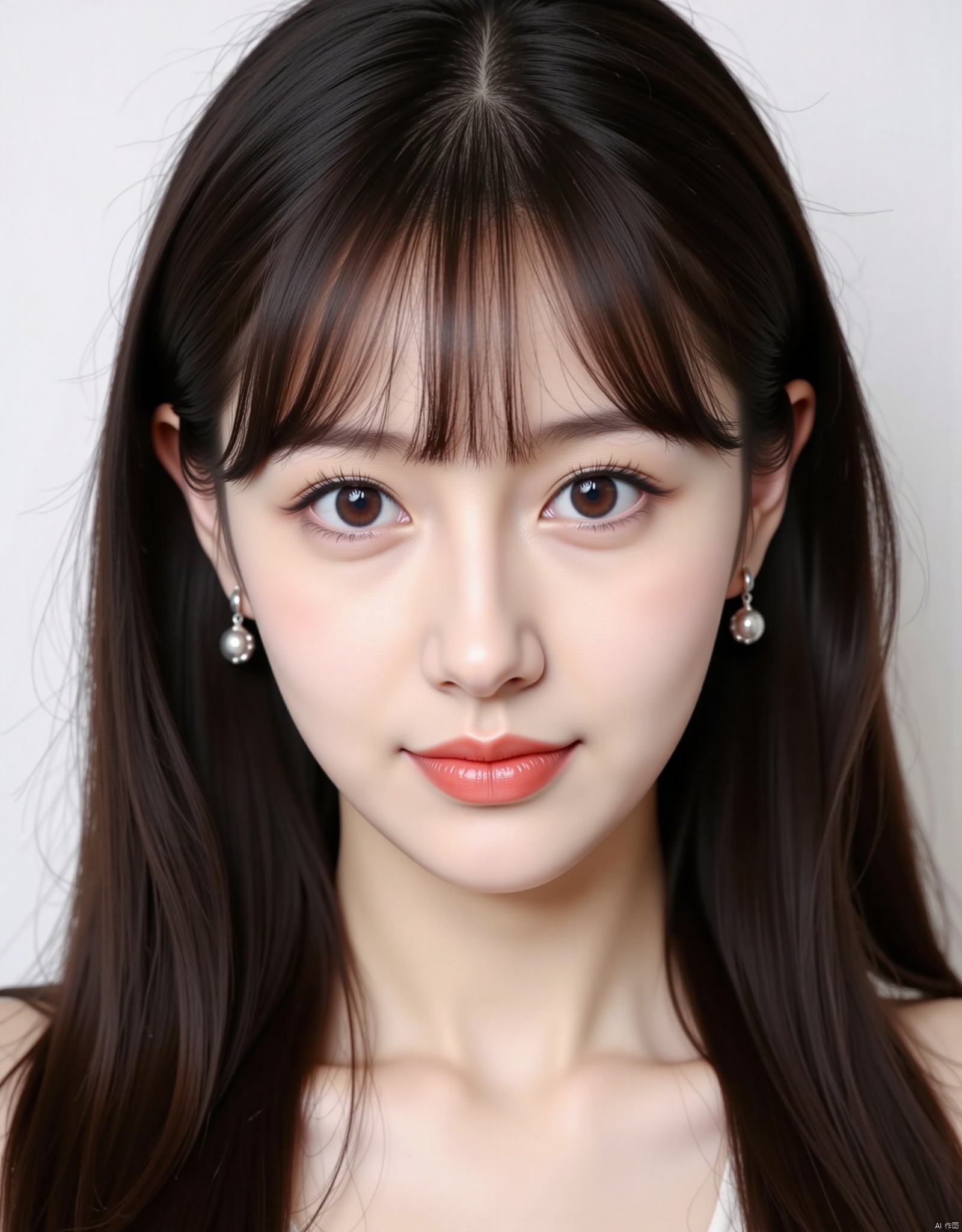 1girl, solo, looking at viewer, smile, black hair, brown eyes, jewelry, closed mouth, earrings, lips, lipstick, portrait, realistic