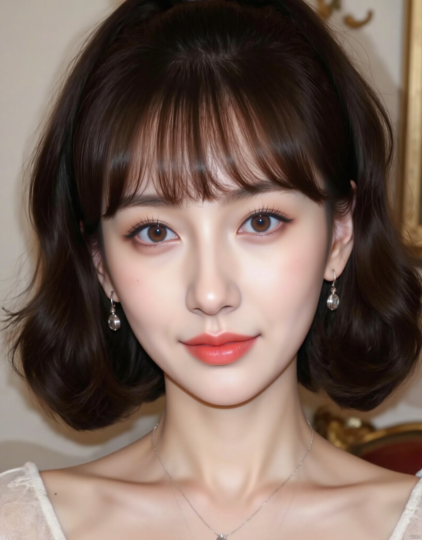 1girl, solo, looking at viewer, smile, black hair, brown eyes, jewelry, closed mouth, earrings, lips, lipstick, portrait, realistic