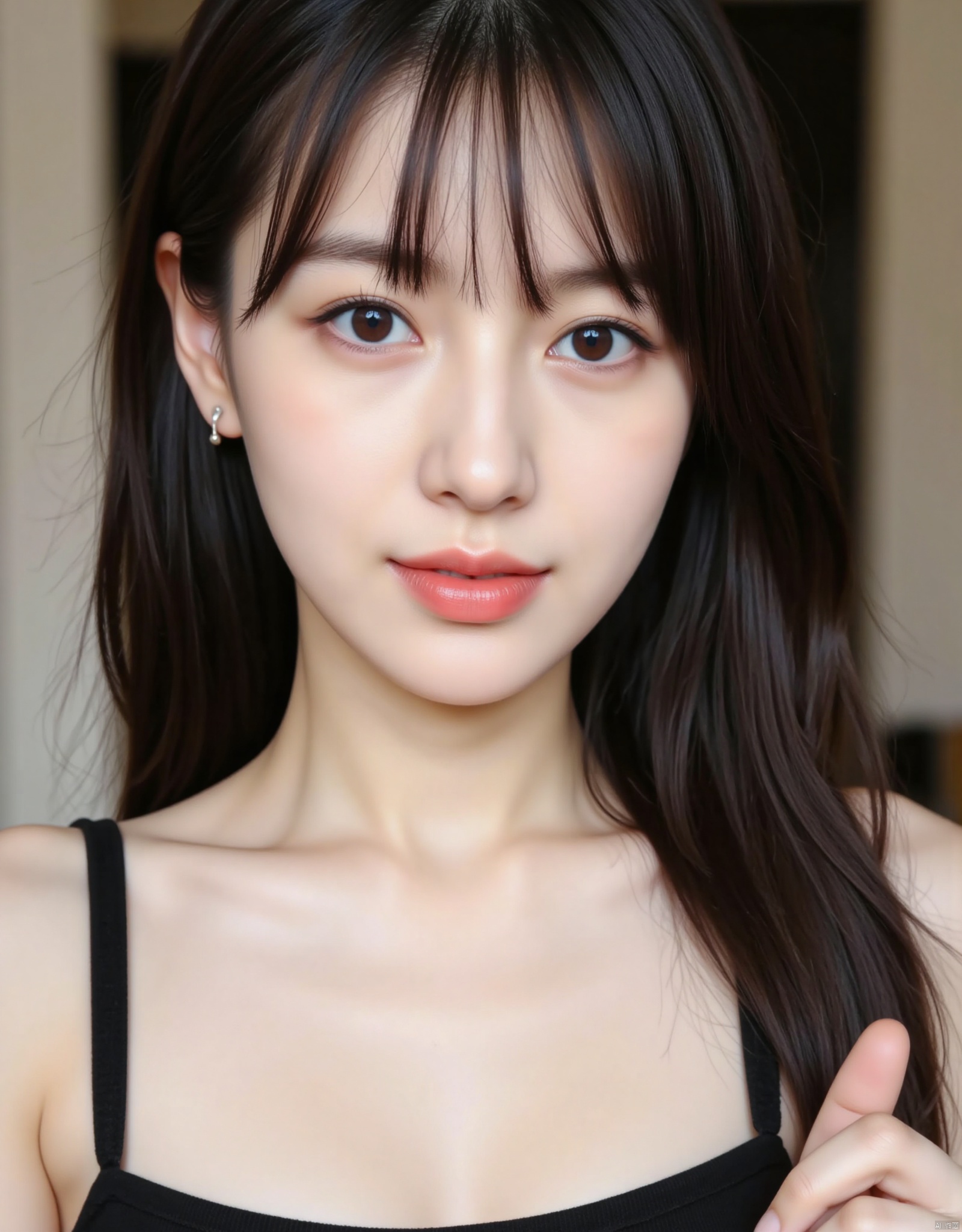 1girl, solo, looking at viewer, smile, black hair, brown eyes, jewelry, closed mouth, earrings, lips, lipstick, portrait, realistic