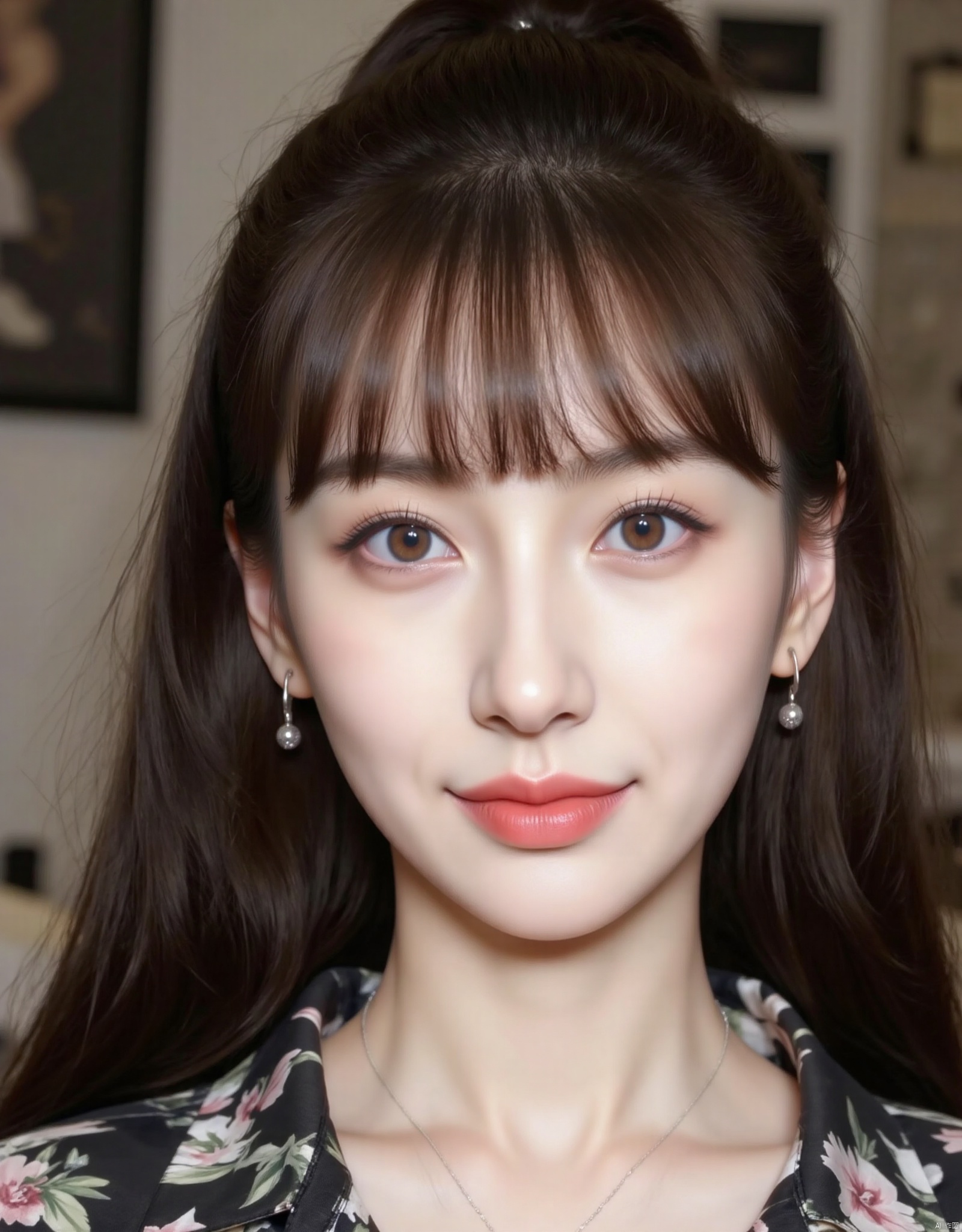 1girl, solo, looking at viewer, smile, black hair, brown eyes, jewelry, closed mouth, earrings, lips, lipstick, portrait, realistic