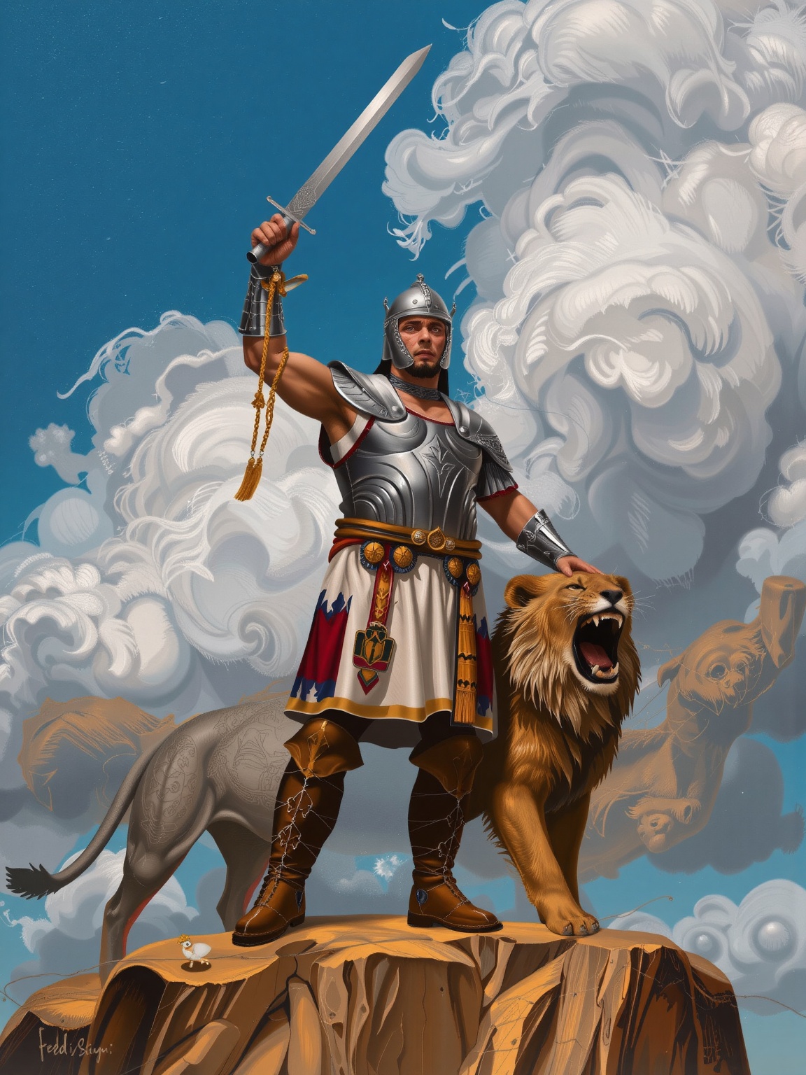 Hyper-detailed masterful traditional oil painting,  detailed,  heroic scene where a muscular warrior clad in intricate anc...