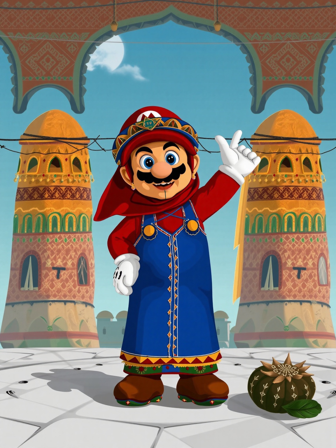 (Super Mario) wearing a traditional Moroccan outfit,  moroccan style background,  portrait photography on Tensor.Art