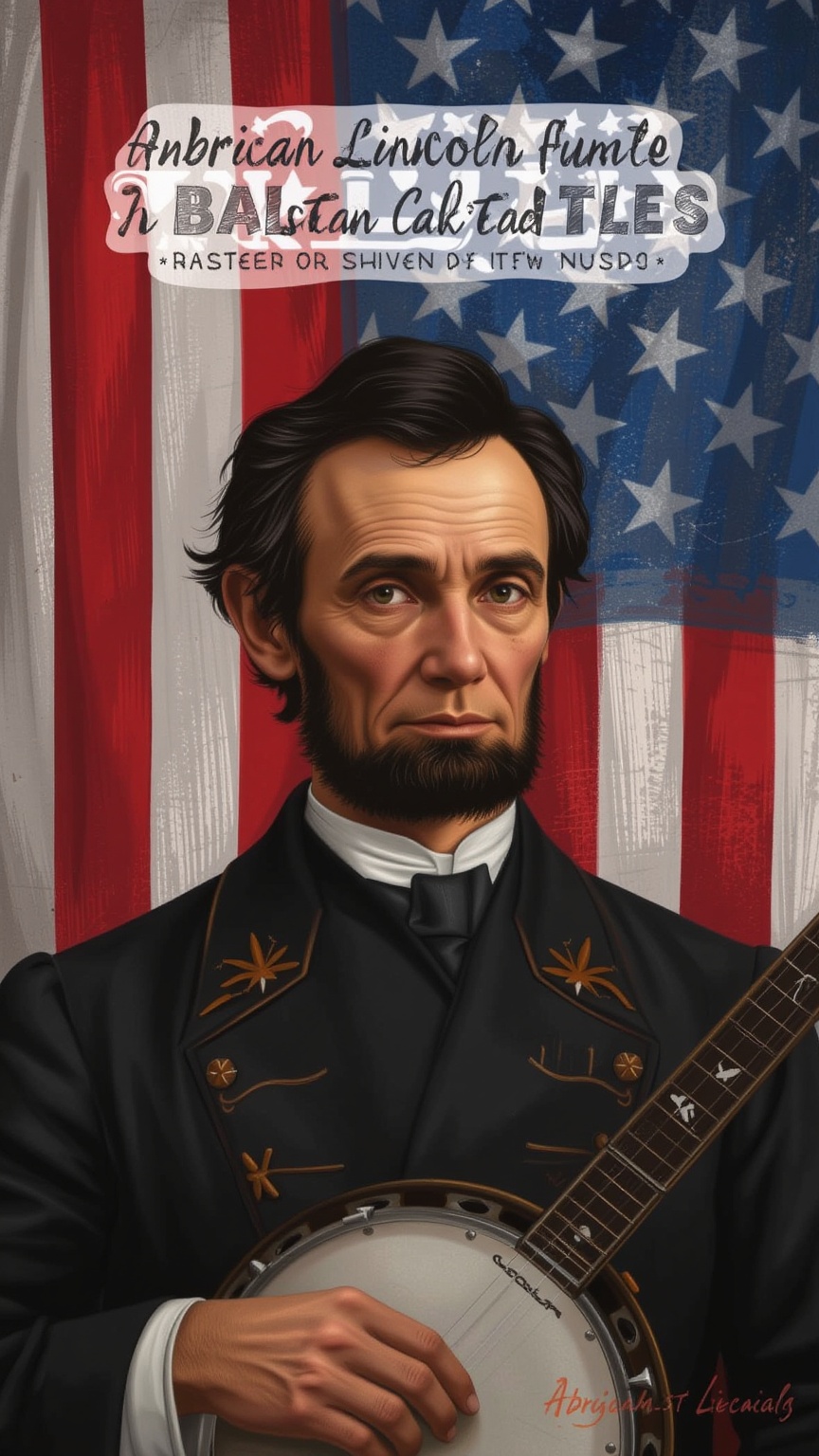 Illustrate Abraham Lincoln . Capture his stoic expression and the weight of his words,  with the American flag in the back...