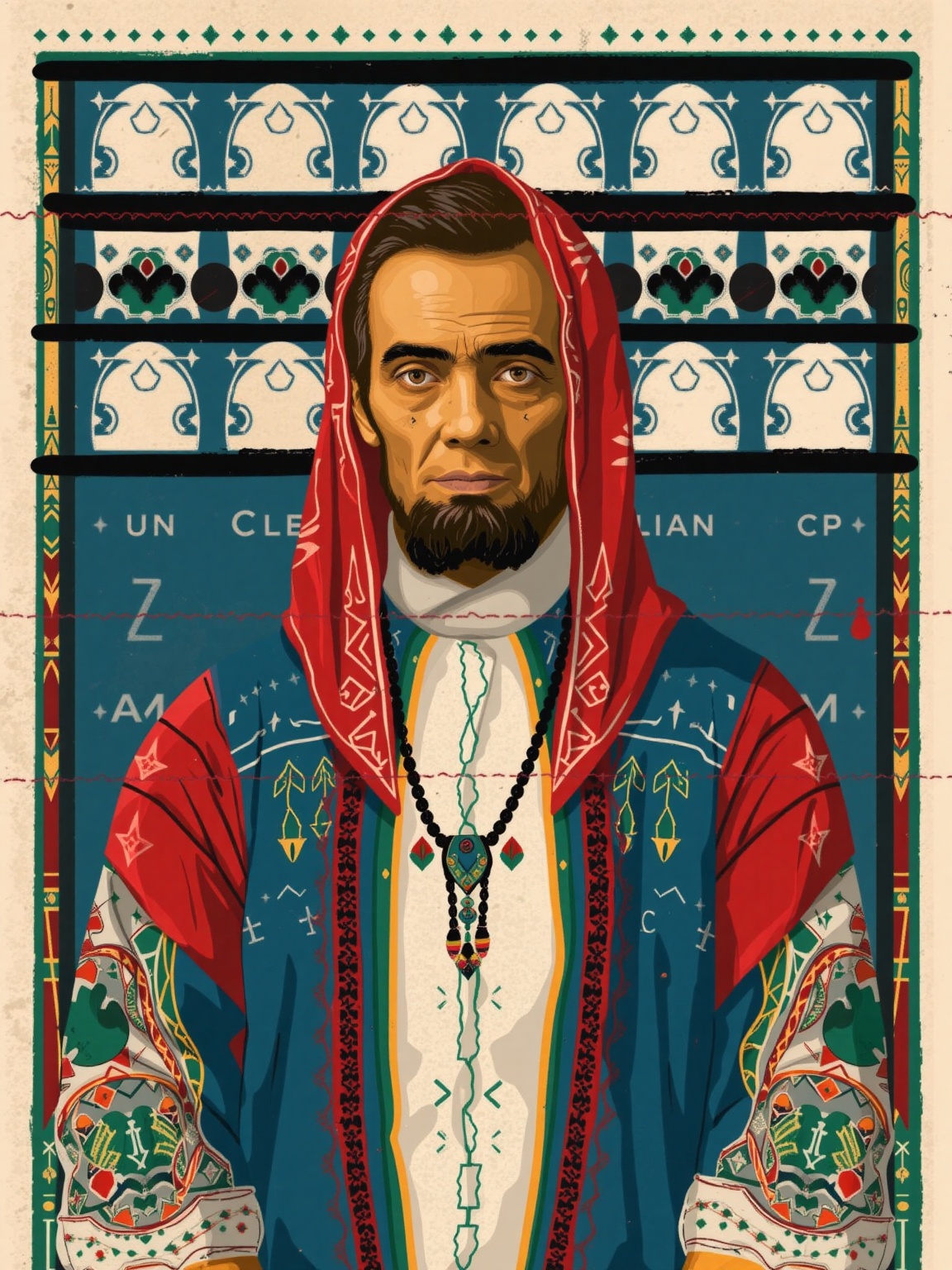 A portrait of (Abraham Lincoln) wearing a traditional Moroccan outfit,  moroccan style background,  portrait photography o...