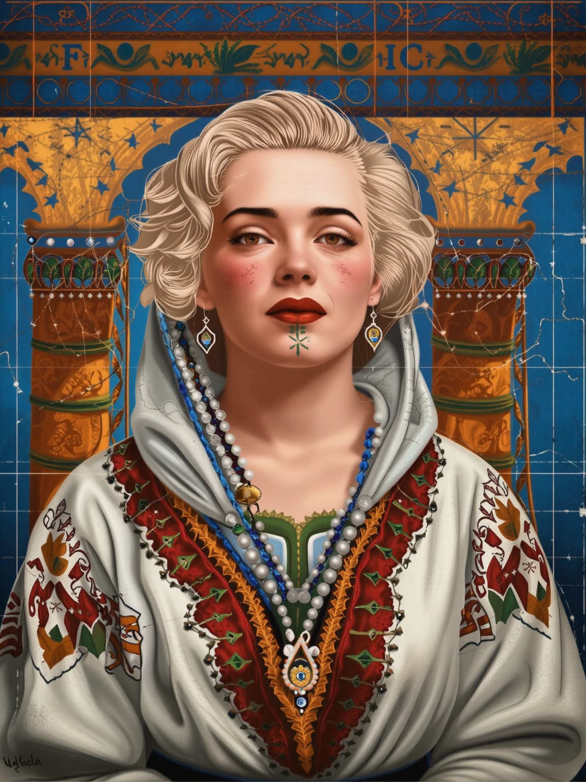 A portrait of (Marilyn Monroe) wearing a traditional Moroccan outfit,  moroccan style background. .,  adrr-prdnv on Tensor...
