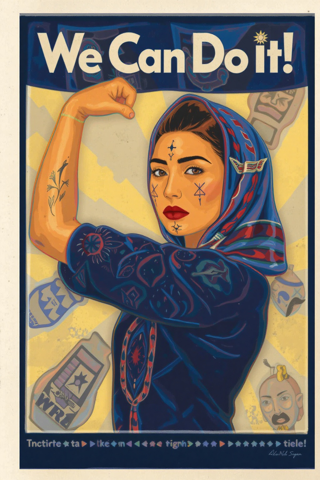 Moroccan version of "We Can Do It!" poster. The woman in the image is depicted flexing her arm to show strength. She wears...