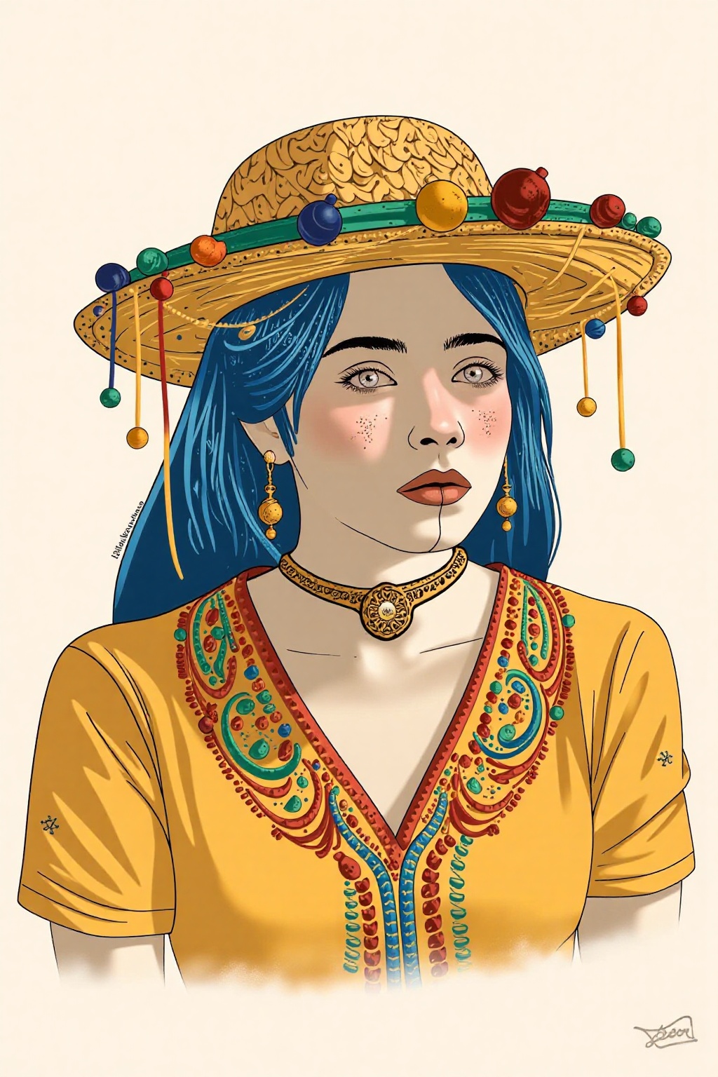 a vibrant illustration A woman with blue hair wearing a straw hat adorned with colorful pom-poms traditional decorative el...