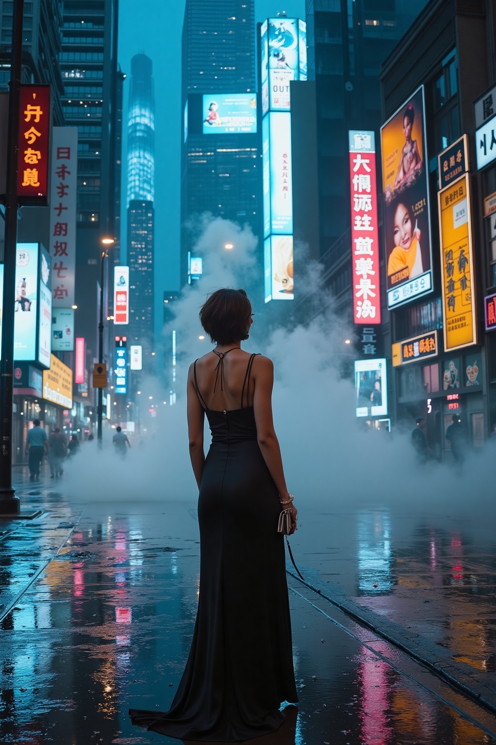 cinematic_affect,  Setting: A bustling city at night,  with tall skyscrapers illuminated by neon lights and street lamps....