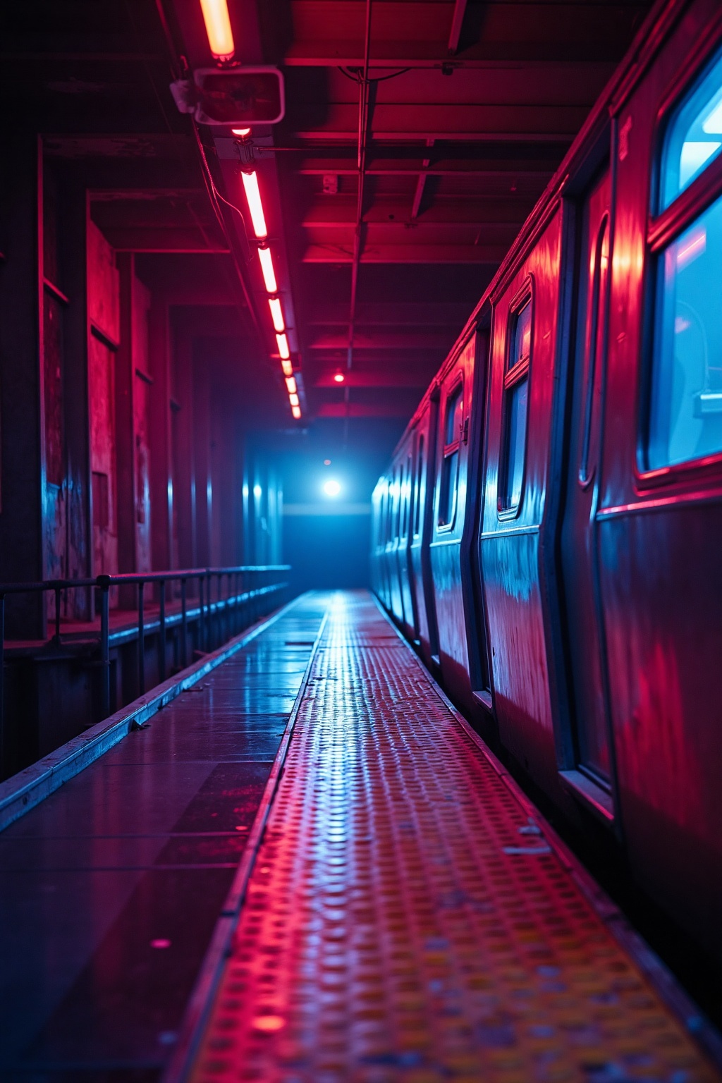 cinematic_affect,  The empty subway platform is bathed in a haunting glow from the neon lights above. The red and blue hue...