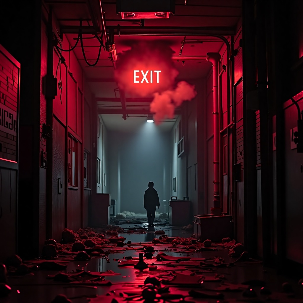 cinematic_affect,  In this enigmatic photograph,  a dimly lit corridor casts a suspenseful atmosphere with its red neon li...