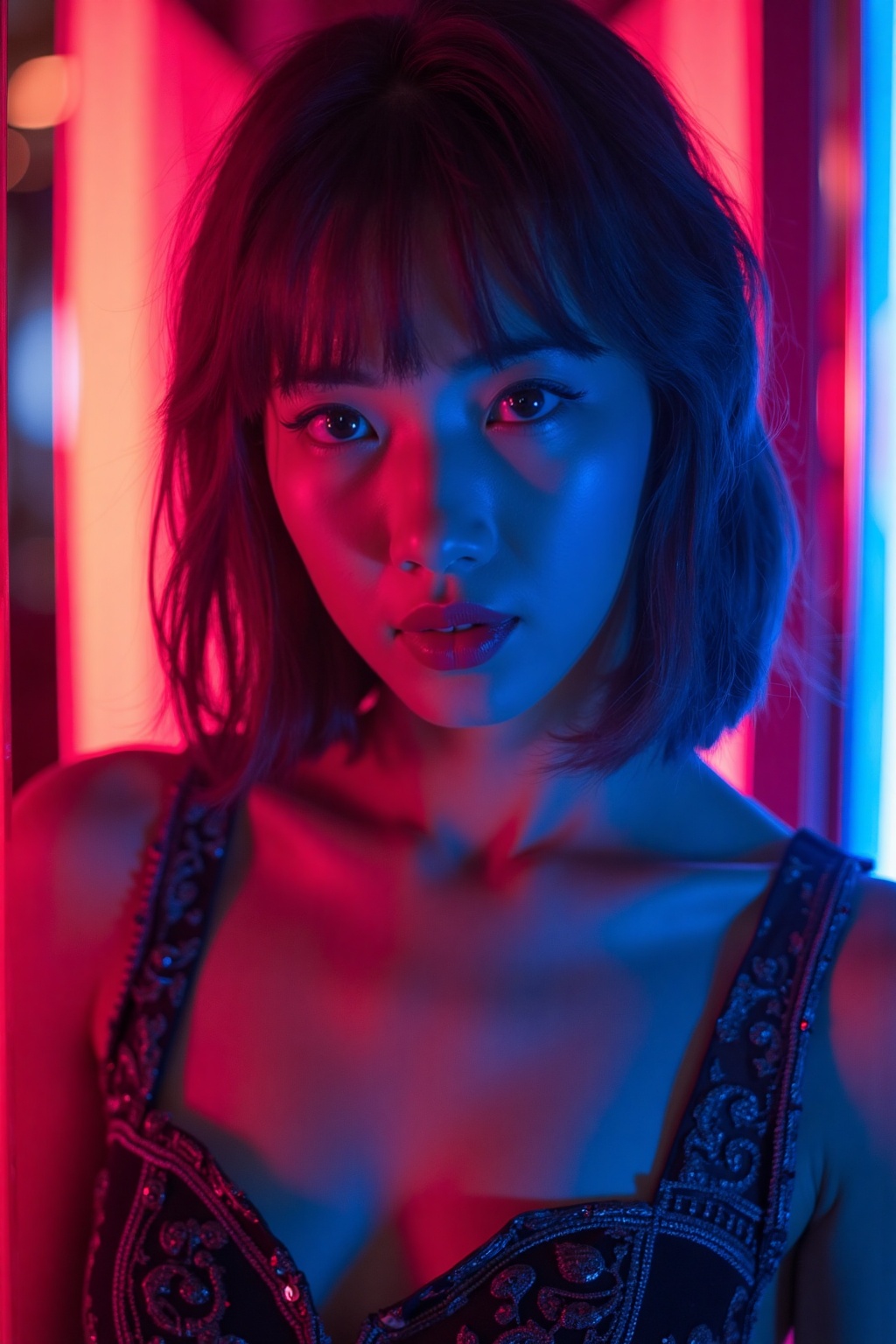 cinematic_affect,  In this visually captivating photograph,  a young woman stands illuminated by the striking neon lights...