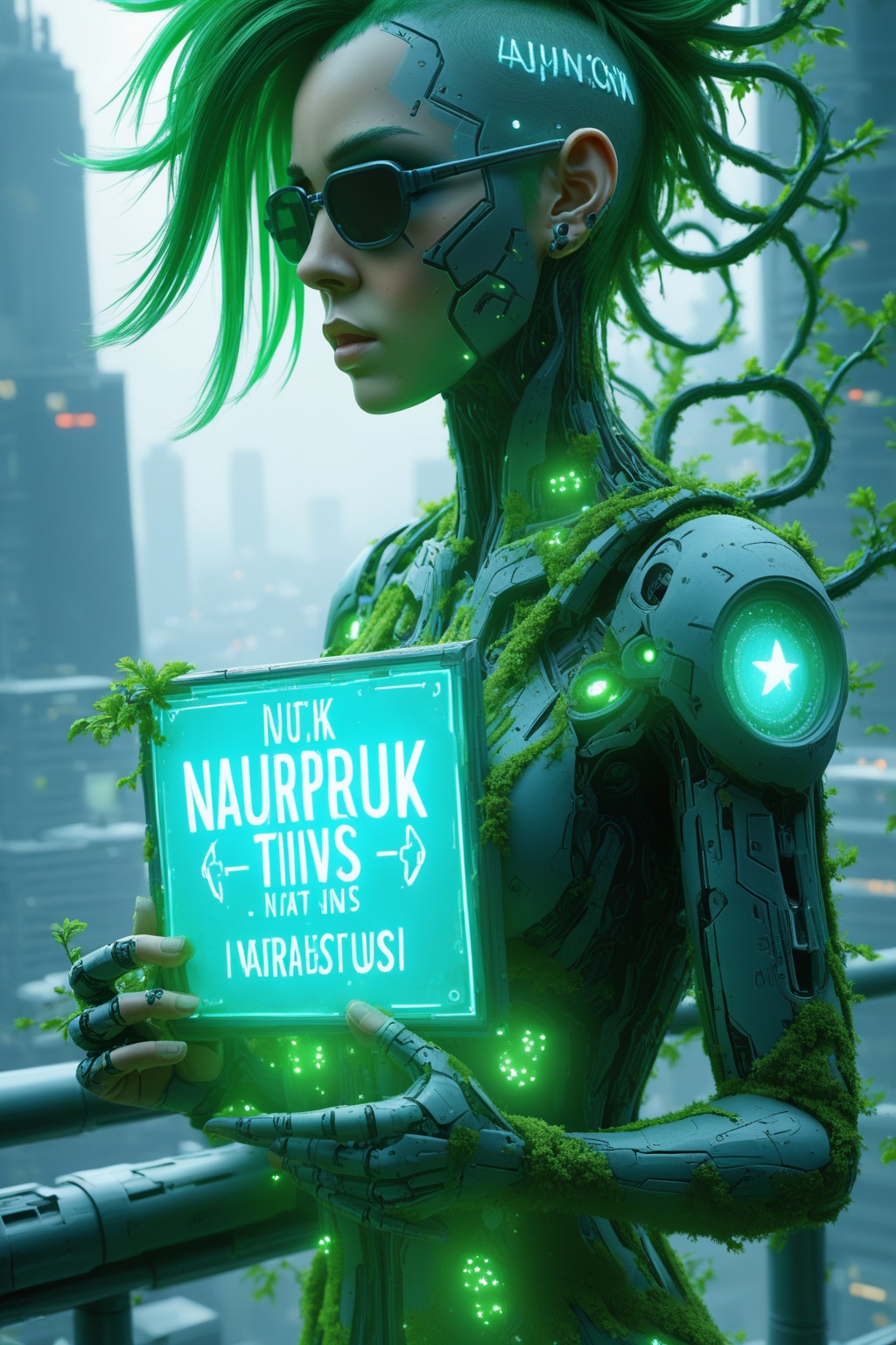 A detailed digital artwork titled"Naturepunk,  " featuring a woman in an intricate plant-cyberpunk style. Her body is ador...