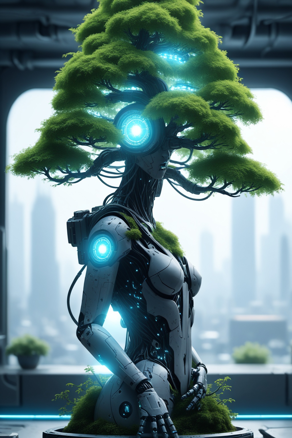 Ultra High Resolution artwork of a cybernetic bonsai tree blending nature and technology,  its organic branches intertwine...