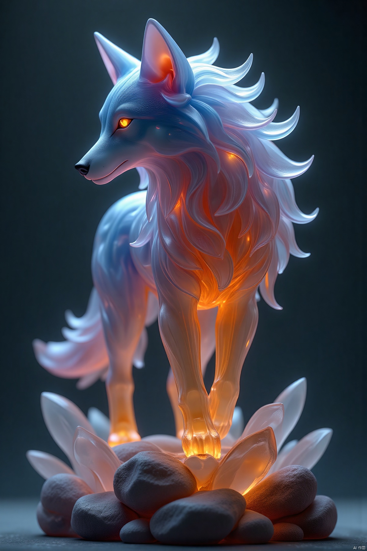 duocaishuijindongwu,(mystical wolf-like creature,glowing golden specks,stands on rocky base,dark background,enhances luminosity,otherworldly appearance),(best quality,4k,8k,highres,masterpiece:1.2),ultra-detailed,(realistic,photorealistic,photo-realistic:1.37),ethereal glow,sharp focus,physically-based rendering,extreme detail description,professional,vivid colors,bokeh,nighttime,moonlight,shadows,rocks,crystals,glowing eyes,flowing fur,spiritual aura,ancient runes,enchanted forest,mythical,legendary,atmospheric lighting,haunting beauty,otherworldly atmosphere,celestial,unearthly,phantasmagoric,fantasy art,concept art,digital painting,HDR,UHD,studio lighting,ultra-fine painting,