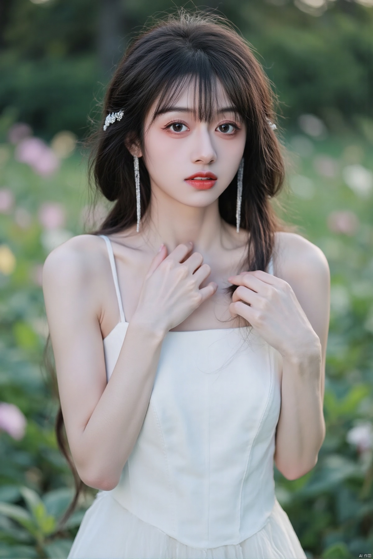 lsqyihiia,(best quality,4k,8k,highres,masterpiece:1.2),ultra-detailed,(realistic,photorealistic,photo-realistic:1.37),long dark hair,beautiful detailed eyes,beautiful detailed lips,extremely detailed eyes and face,long eyelashes,slim figure,delicate features,soft expression,white dress,elegant posture,standing in a garden,flowers around,gentle sunlight,soft shadows,green foliage,serene atmosphere,calm and peaceful,illustration,smooth skin,refined,graceful,attractive,gorgeous,ethereal,romantic,whimsical,fantasy,soft pastel colors,harmonious,tranquil scene,dreamy,peaceful ambiance,natural light,evening glow,