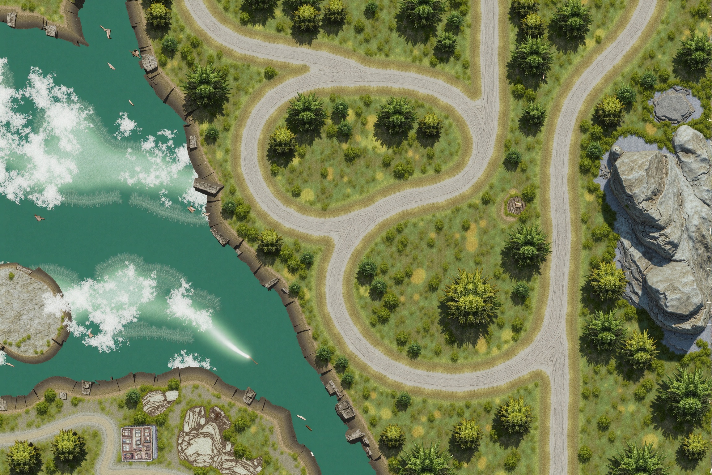 a bird's eye view reveals a winding winding road leading to a large body of water. The road is surrounded by lush green gr...