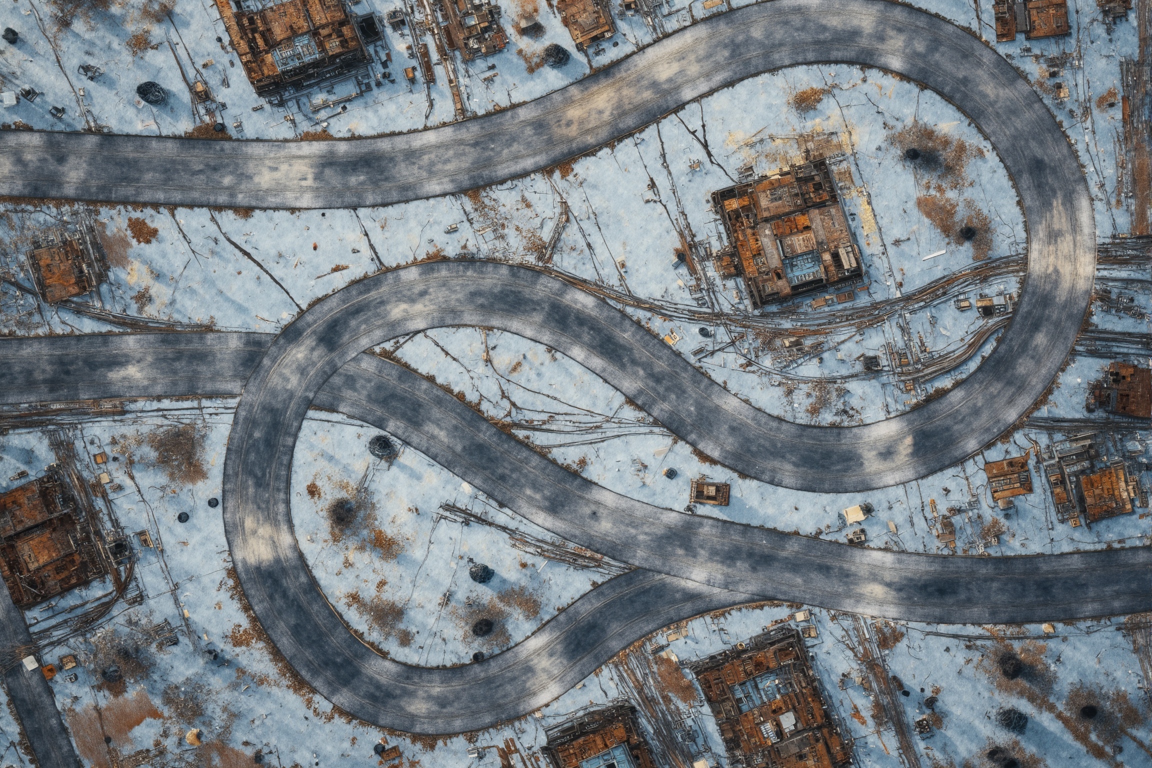 A majestic aerial view showcases the serpentine road's gentle curves,  bisecting the urban sprawl of an industrial citysca...