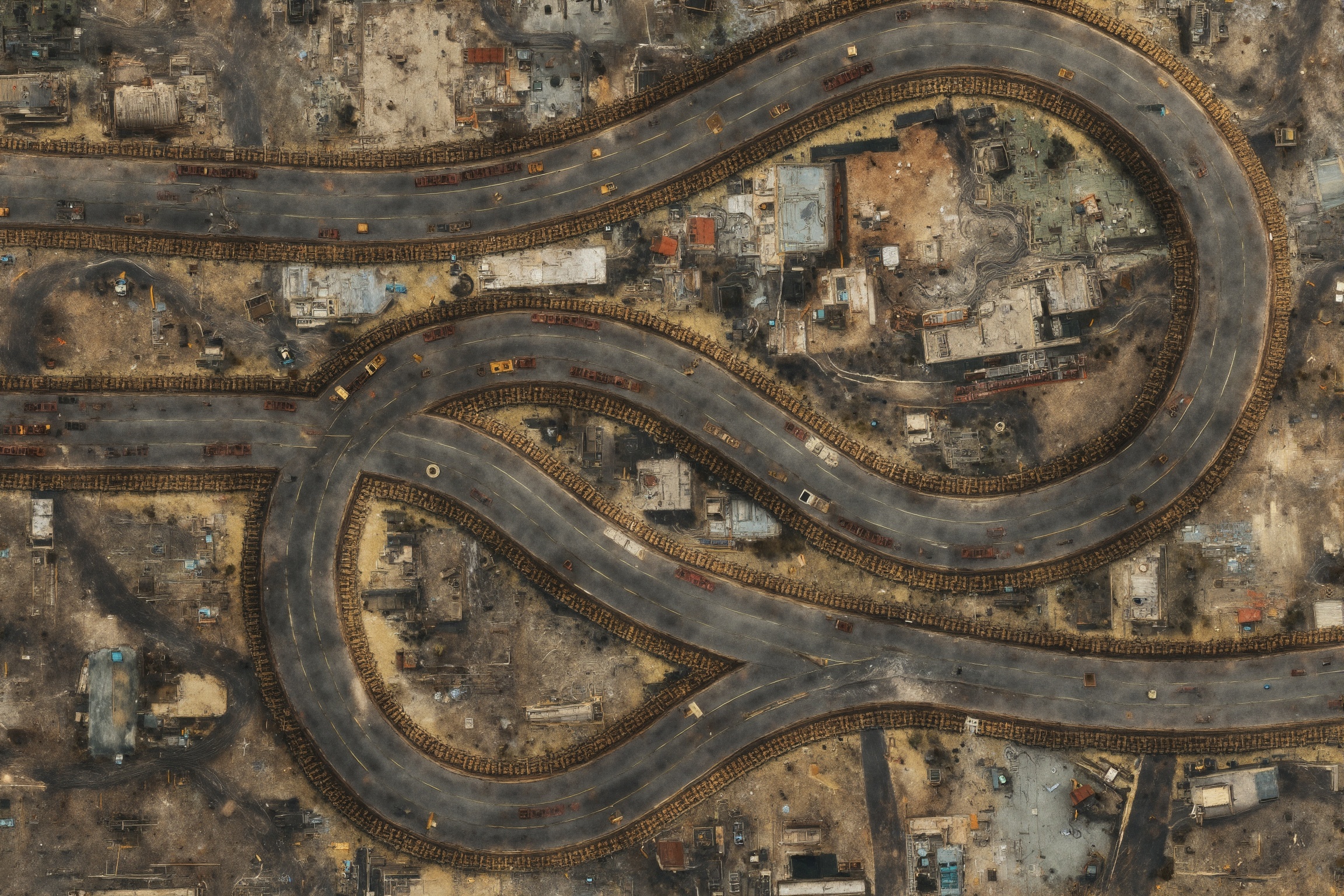 From a bird's-eye perspective,  a serpentine road unwinds across a meticulously detailed urban landscape,  evoking a minia...