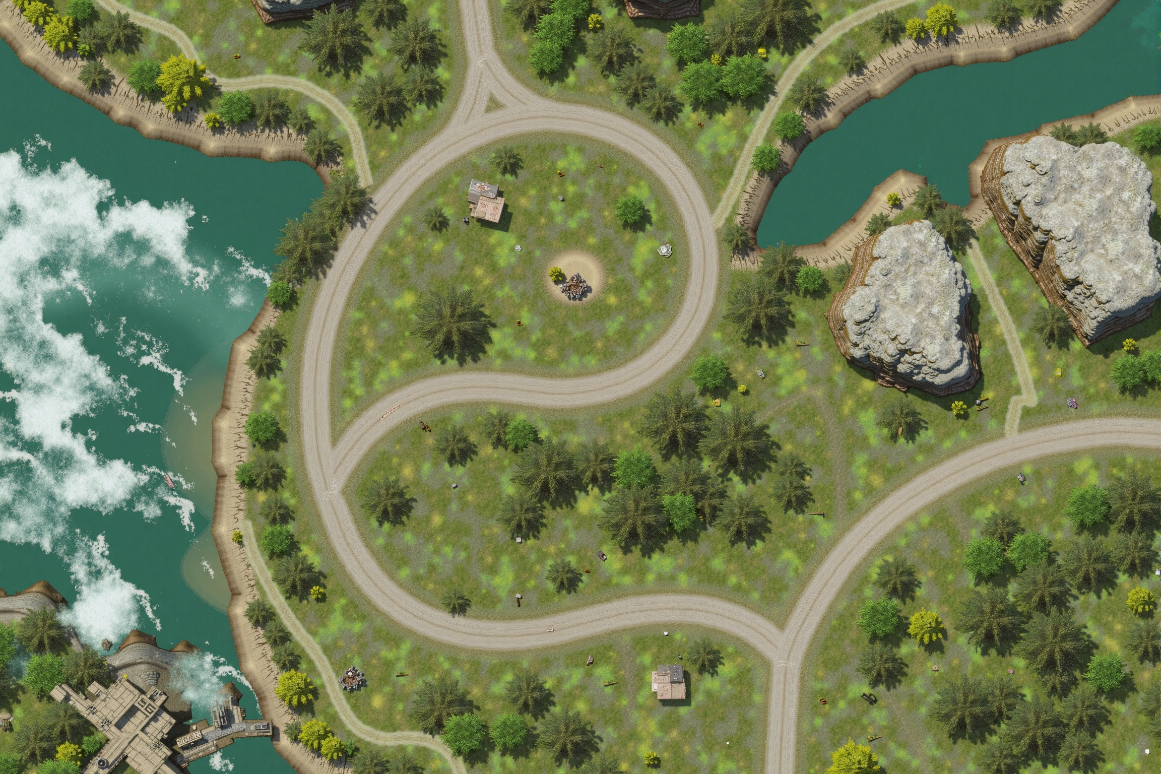 a bird's eye view reveals a winding winding road leading to a large body of water. The road is surrounded by lush green gr...