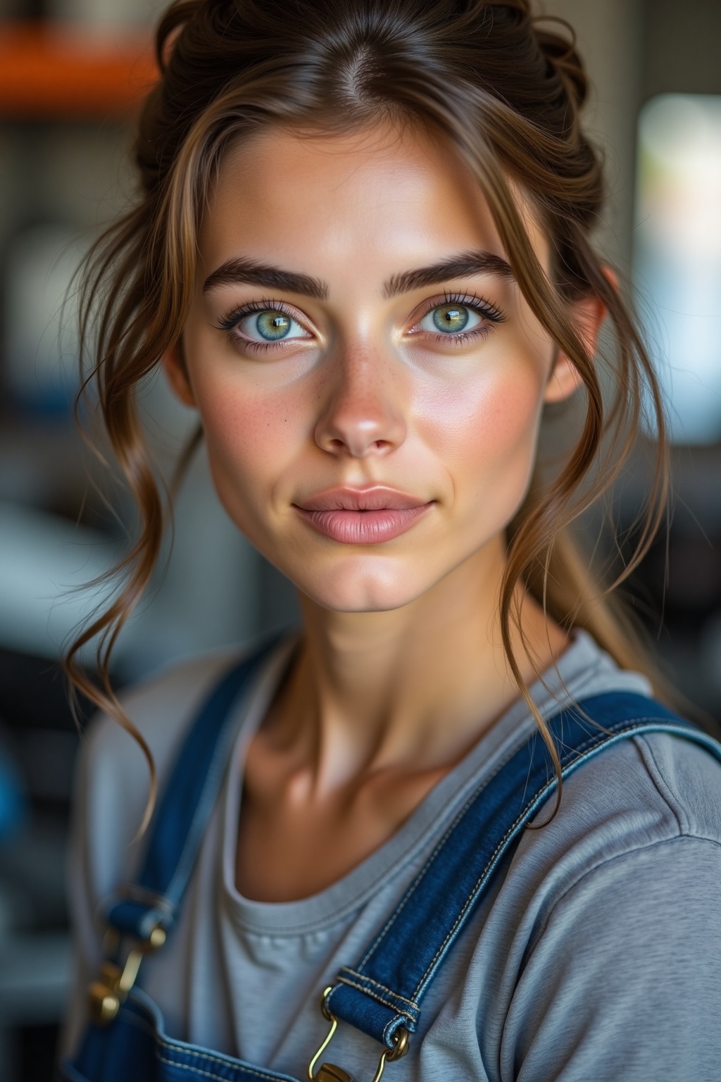 The portrait captures a young woman exuding confidence and resilience,  dressed in denim overalls typical of a mechanic. H...