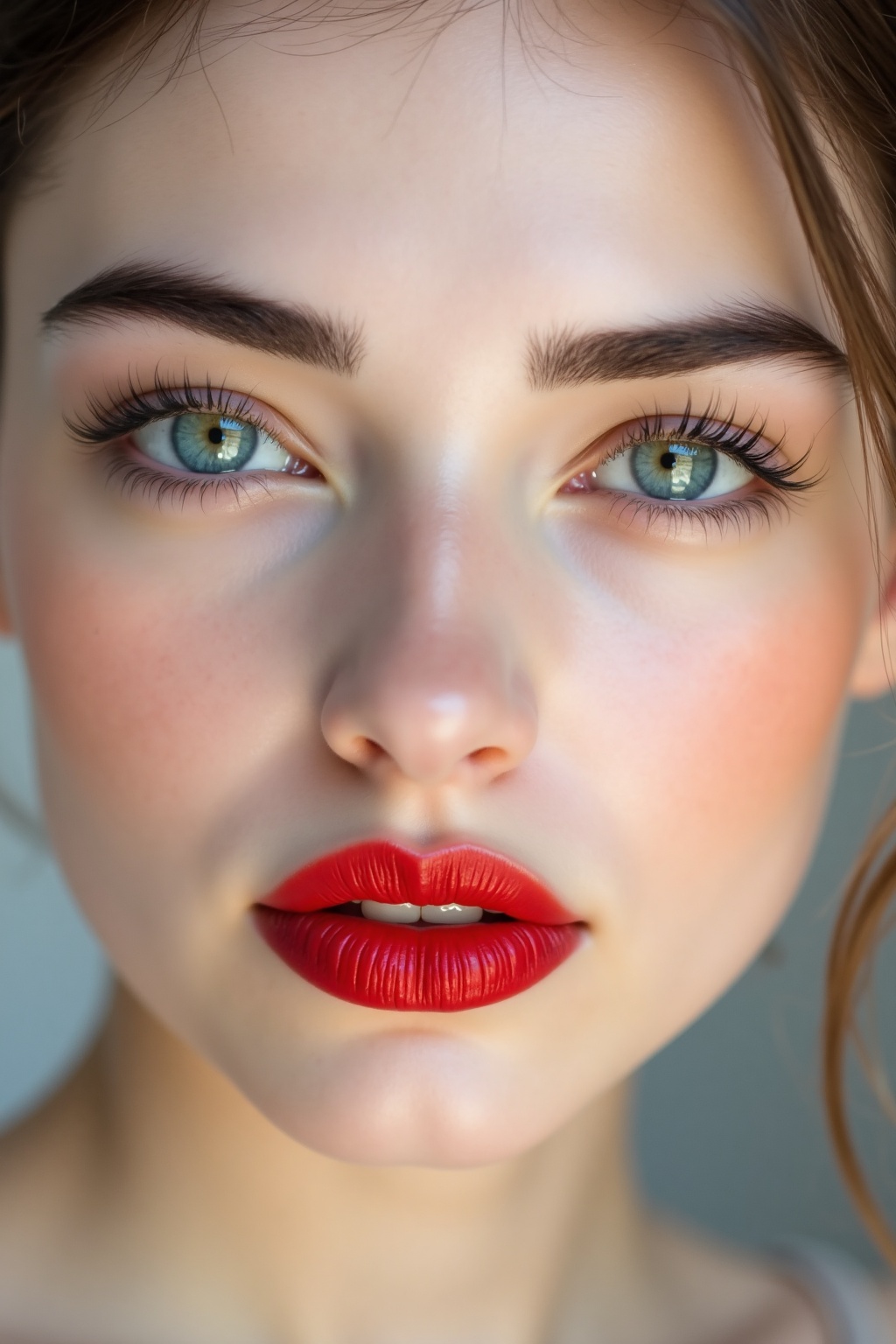 A stunning close-up portrays a young woman whose gaze is both serene and penetrating. Her blue eyes,  accented with subtle...