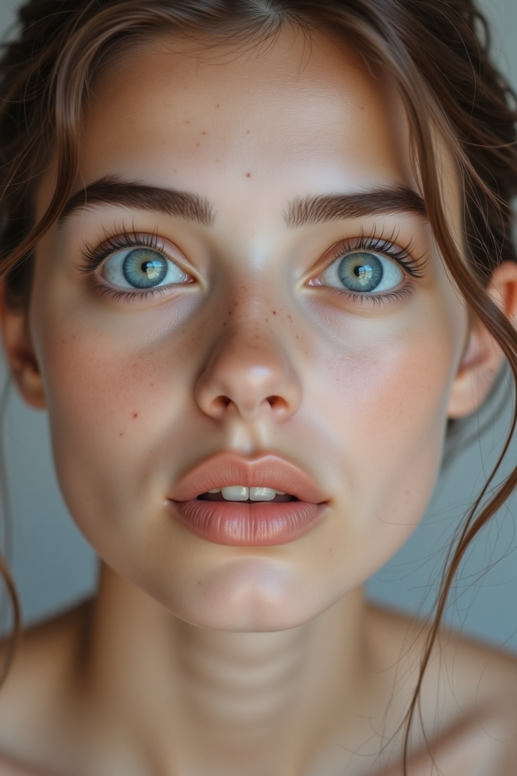 This compelling close-up image captures a young woman with an expression of surprise and curiosity. Her wide blue eyes,  a...