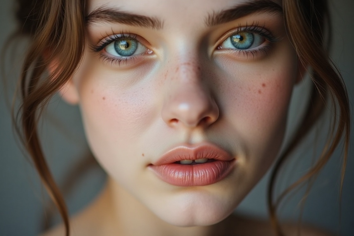 This intimate portrait captures the captivating beauty of a young woman with piercing blue eyes and subtle rosy cheeks. He...