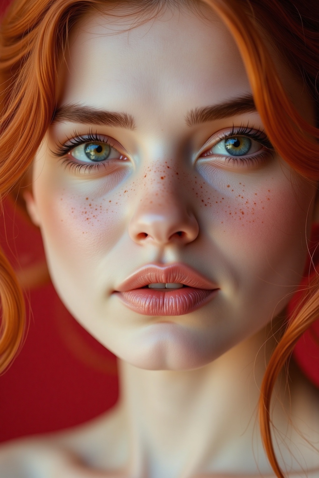 This striking portrait highlights the enchanting beauty of a woman adorned with vibrant,  flowing red hair and a sprinkle...