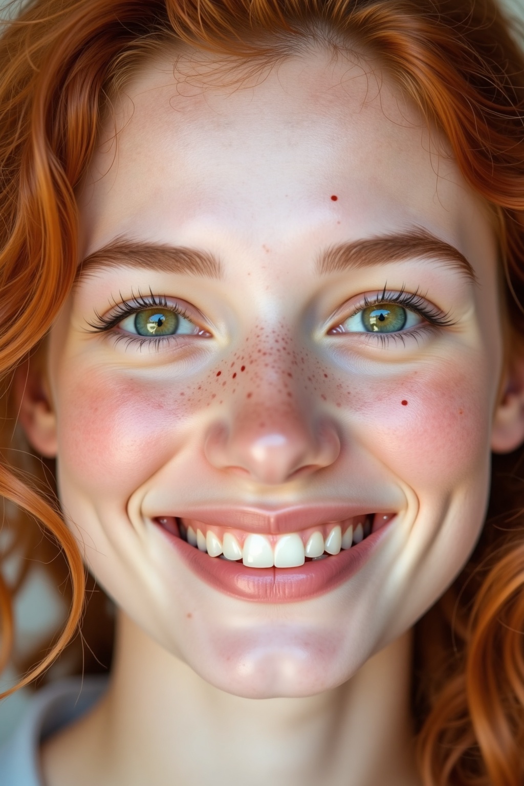 The close-up portrait captures the bright expression of a cheerful redhead woman. Her green eyes twinkle with joy,  comple...