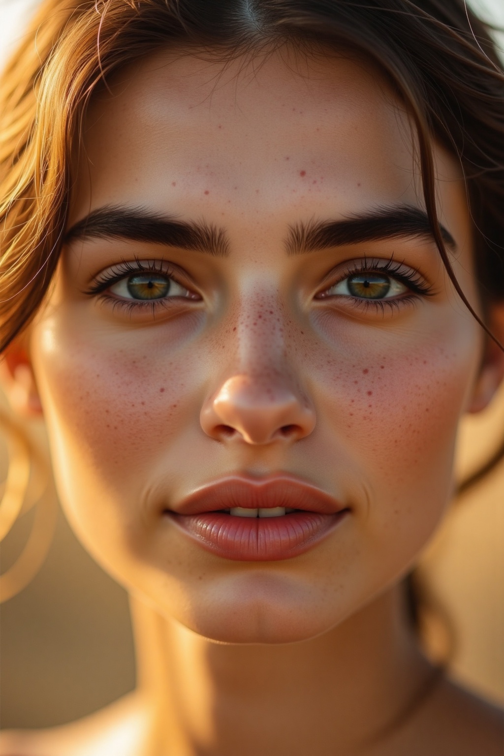 In this intimate portrait,  the warm glow of the setting sun embraces the subject's delicate features,  highlighting her f...