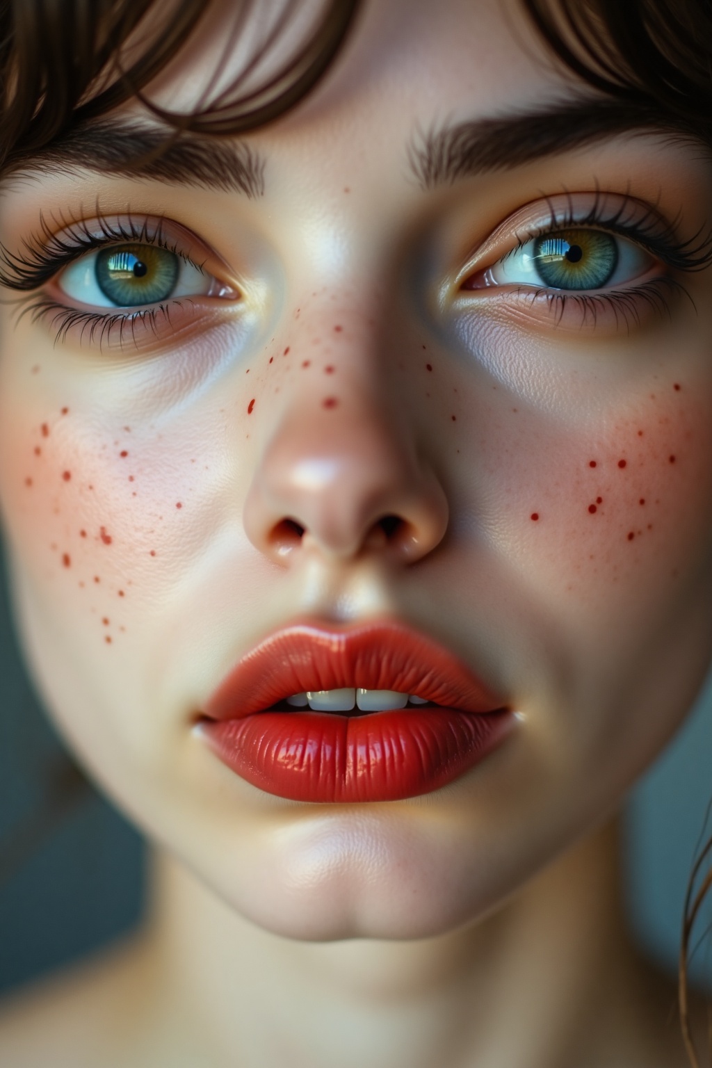 This striking close-up portrait captures a moment of profound intensity and beauty. The woman's piercing gaze draws you in...