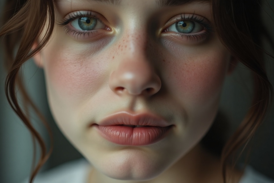 The photo captures a poignant close-up of a young woman,  highlighting her gentle facial features with a focus on her deli...
