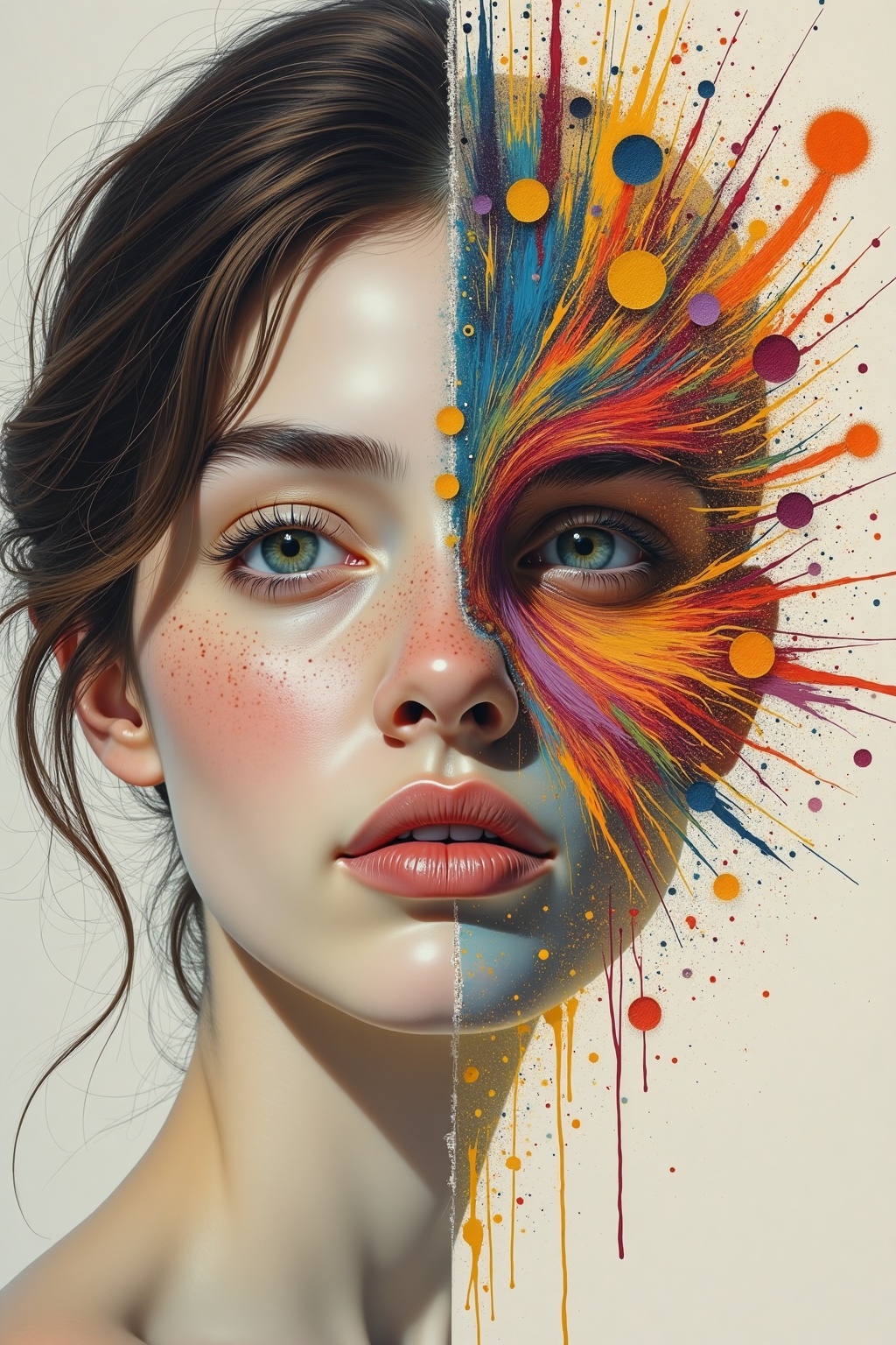 This image captures a poignant blend of reality and imagination. On one side,  the detailed realism of a woman's face is s...