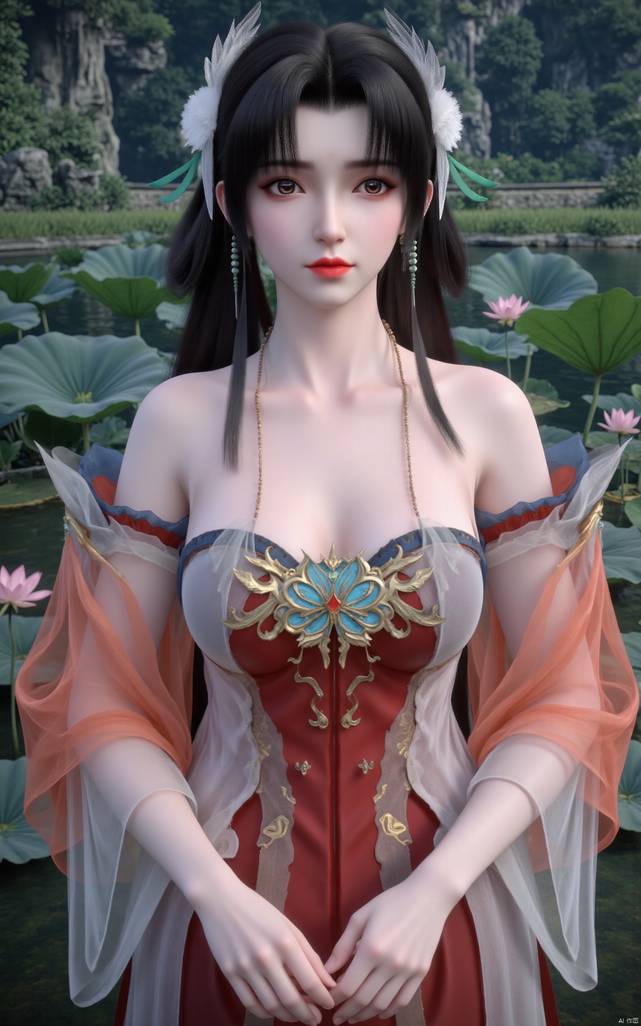  masterpiece,1girl,solo,black hair,(Standing by the lotus pond in the garden:1.3),(hanfu dress:1.3),black eyes,beautiful face,short sleeves,holding flower,looking at viewer,(huge breasts:2.79),(full breasts:1.99),Xxianyi,Xxiyouqin,Xqinghe,Xyanqingcheng,Xhongdie,Xcaoying,Xjiziyue,Xyueying,Xbaiyin81