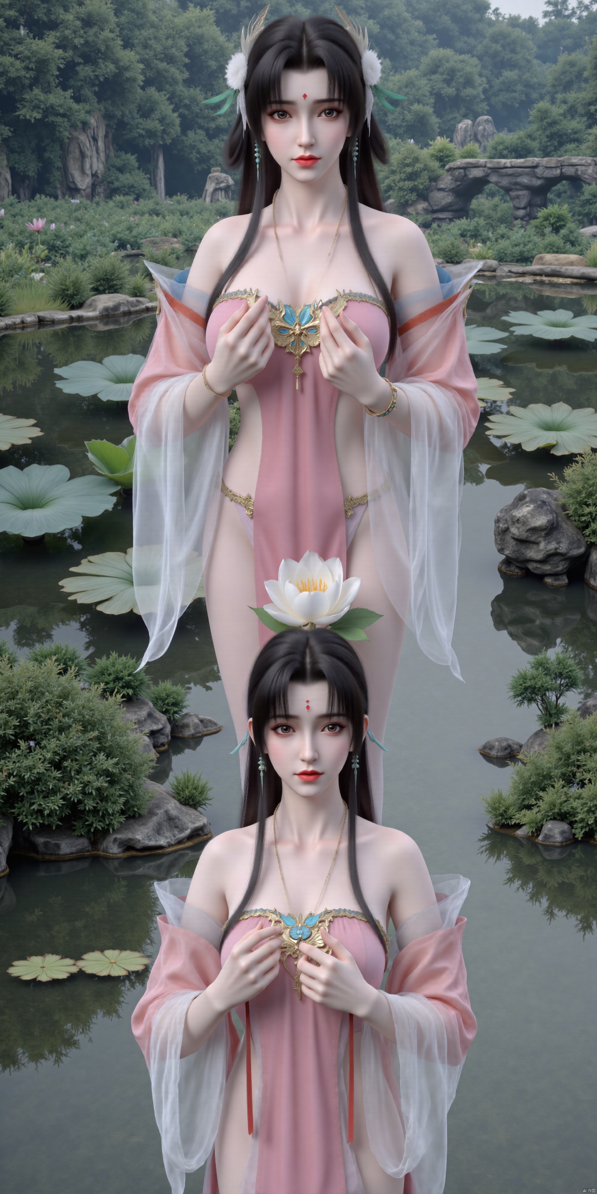  masterpiece,1girl,black hair,(Standing by the lotus pond in the garden:1.3),(hanfu dress:1.3),black eyes,beautiful face,short sleeves,holding flower,looking at viewer,(huge breasts:2.79),(full breasts:1.99),Xxianyi,Xxiyouqin,Xqinghe,Xyanqingcheng,Xhongdie,Xcaoying,Xjiziyue,Xyueying