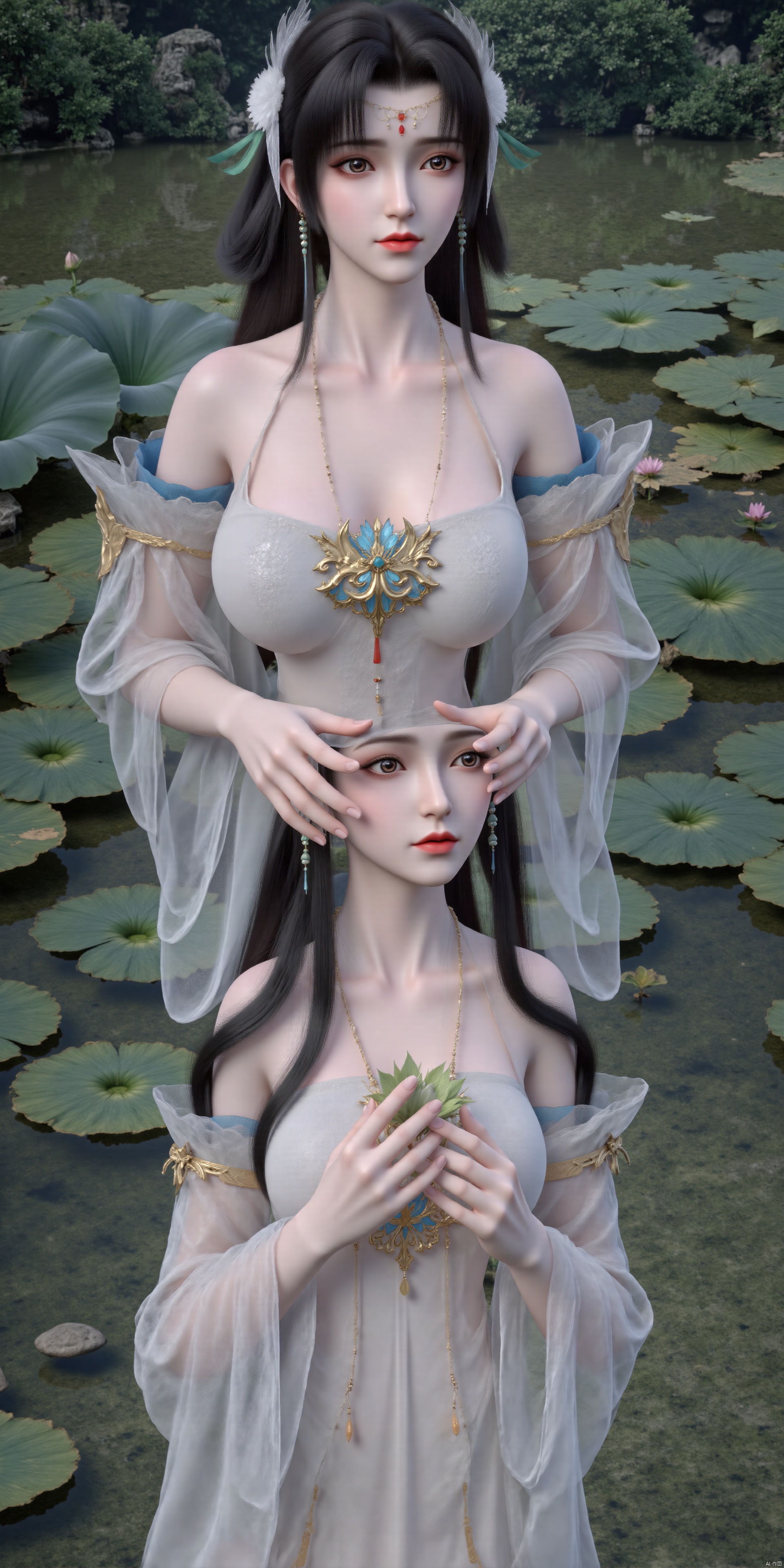  masterpiece,1girl,black hair,(Standing by the lotus pond in the garden:1.3),(hanfu dress:1.3),black eyes,beautiful face,short sleeves,holding flower,looking at viewer,(huge breasts:2.79),(full breasts:1.99),Xxianyi,Xxiyouqin,Xqinghe,Xyanqingcheng,Xhongdie,Xcaoying,Xjiziyue,Xyueying