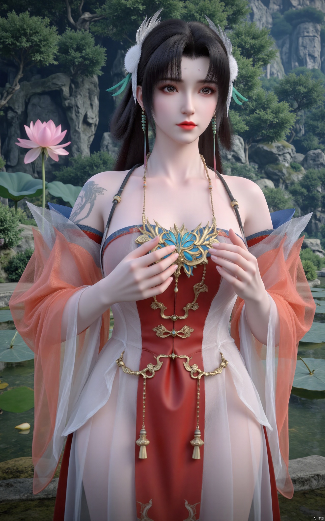  masterpiece,1girl,solo,black hair,(Standing by the lotus pond in the garden:1.3),(hanfu dress:1.3),black eyes,beautiful face,short sleeves,holding flower,looking at viewer,(huge breasts:2.79),(full breasts:1.99),Xxianyi,Xxiyouqin,Xqinghe,Xyanqingcheng,Xhongdie,Xcaoying,Xjiziyue,Xyueying,Xbaiyin81