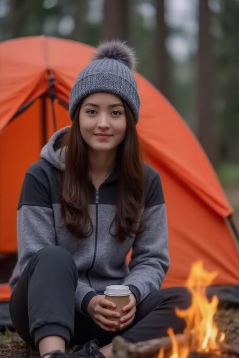 A professional outdoor photography of a beautiful young woman camping the wood; she wearing an fleece jacket,  sweatpants...