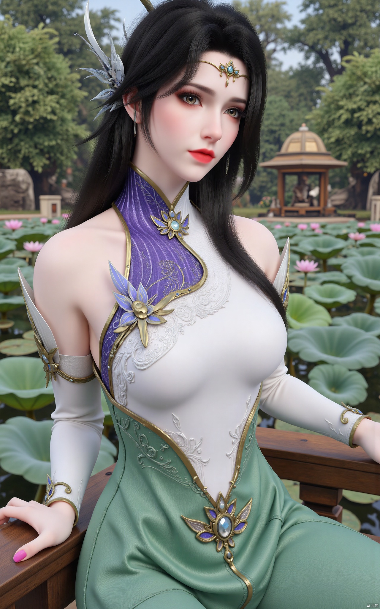 masterpiece,(best quality),official art, (1girl), (solo), ((looking_at_viewer)),(huge breasts:2.69),(full breasts:1.99),Xzhaoliner,(Lotus pond, lotus:1.52),Xsonghanfu,Xqinghanfu,Xbaiyin81,Xyueying,Xxuanyi,Xhanfududou