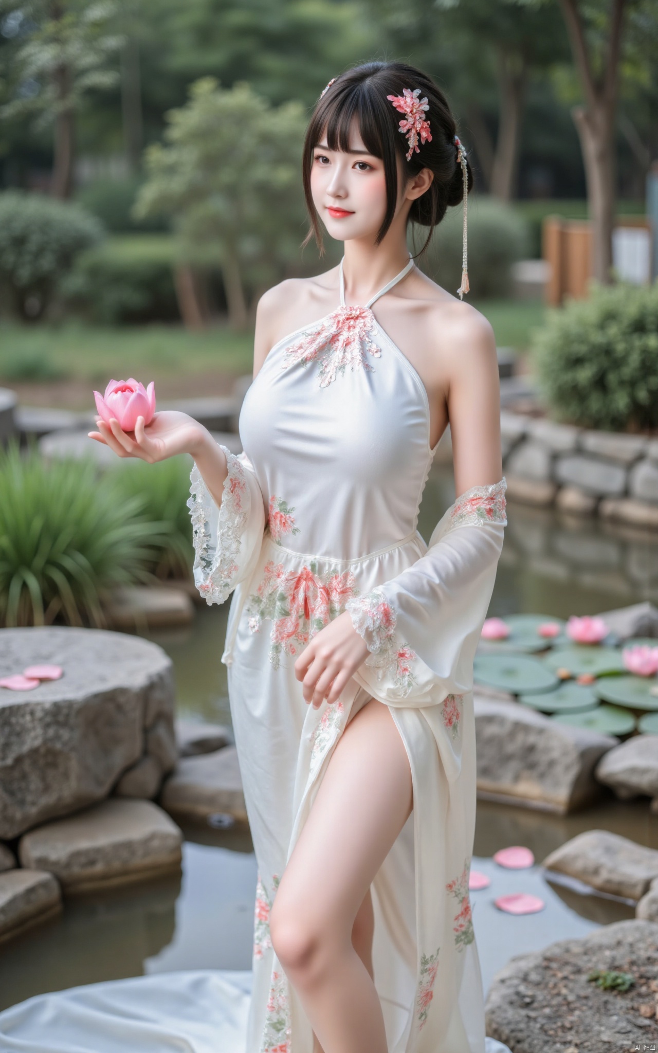  masterpiece,1girl,solo,black hair,(Standing by the lotus pond in the garden:1.3),(hanfu dress:1.3),black eyes,beautiful face,short sleeves,holding flower,looking at viewer,(huge breasts:2.59),(full breasts:1.99),Xminguo,Xruanxiu,Xqhanfu,Xqipao,Xqinghanfu,Xhanfududou,Xminghanfu