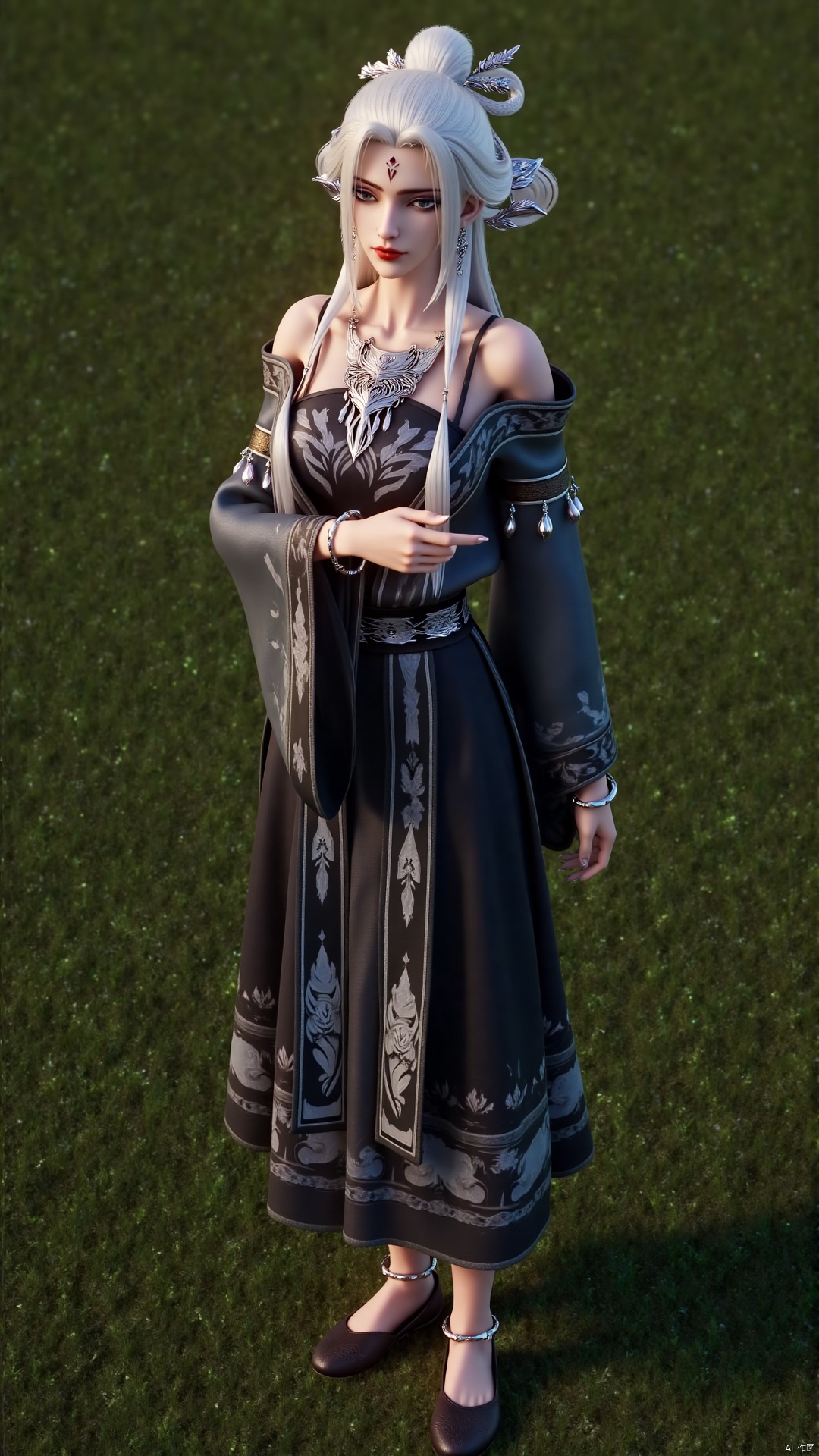 A beautiful woman wearing black Hanfu stood on the green grass. Perfect body proportions. Her long white hair was draped over her shoulders. Her eyes were blue, shining eye shadow, her lips were bright red, and there was a red spot on her forehead, adding a touch of beauty to her face. Her bra is decorated with complex patterns. She is wearing hair accessories, earrings, necklace, and bracelet. She wore a black waistband around her waist. This garment has white embroidery, adding a touch of charm to the scene. This woman's hair is combed into a bun. Flat bottomed shallow mouth cloth shoes, adorned with silver bracelets on the ankles, add a touch of charm to her feet. The sunlight shone on her. Composition from different angles.,baisu(xb)