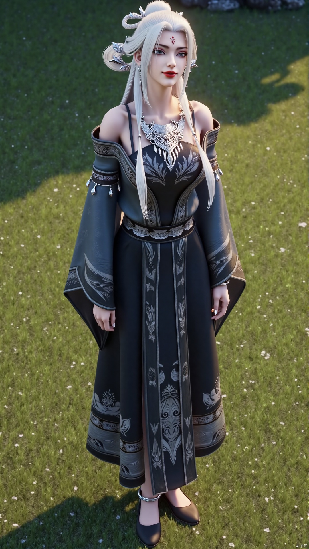 A beautiful woman wearing black Hanfu stood on the green grass. Perfect body proportions. Her long white hair was draped over her shoulders. Her eyes were blue, shining eye shadow, her lips were bright red, and there was a red spot on her forehead, adding a touch of beauty to her face. Her bra is decorated with complex patterns. She is wearing hair accessories, earrings, necklace, and bracelet. She wore a black waistband around her waist. This garment has white embroidery, adding a touch of charm to the scene. This woman's hair is combed into a bun. Flat bottomed shallow mouth cloth shoes, adorned with silver bracelets on the ankles, add a touch of charm to her feet. The sunlight shone on her. Composition from different angles.,baisu(xb)