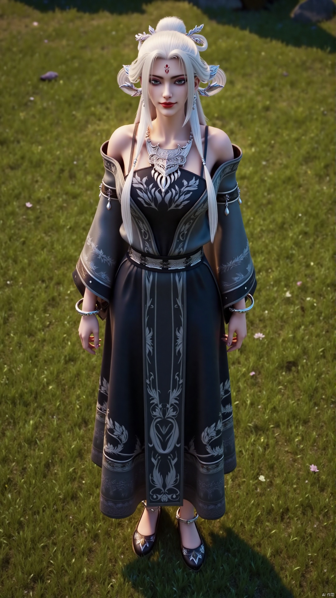 A beautiful woman wearing black Hanfu stood on the green grass. Perfect body proportions. Her long white hair was draped over her shoulders. Her eyes were blue, shining eye shadow, her lips were bright red, and there was a red spot on her forehead, adding a touch of beauty to her face. Her bra is decorated with complex patterns. She is wearing hair accessories, earrings, necklace, and bracelet. She wore a black waistband around her waist. This garment has white embroidery, adding a touch of charm to the scene. This woman's hair is combed into a bun. Flat bottomed shallow mouth cloth shoes, adorned with silver bracelets on the ankles, add a touch of charm to her feet. The sunlight shone on her. Composition from different angles.,baisu(xb)