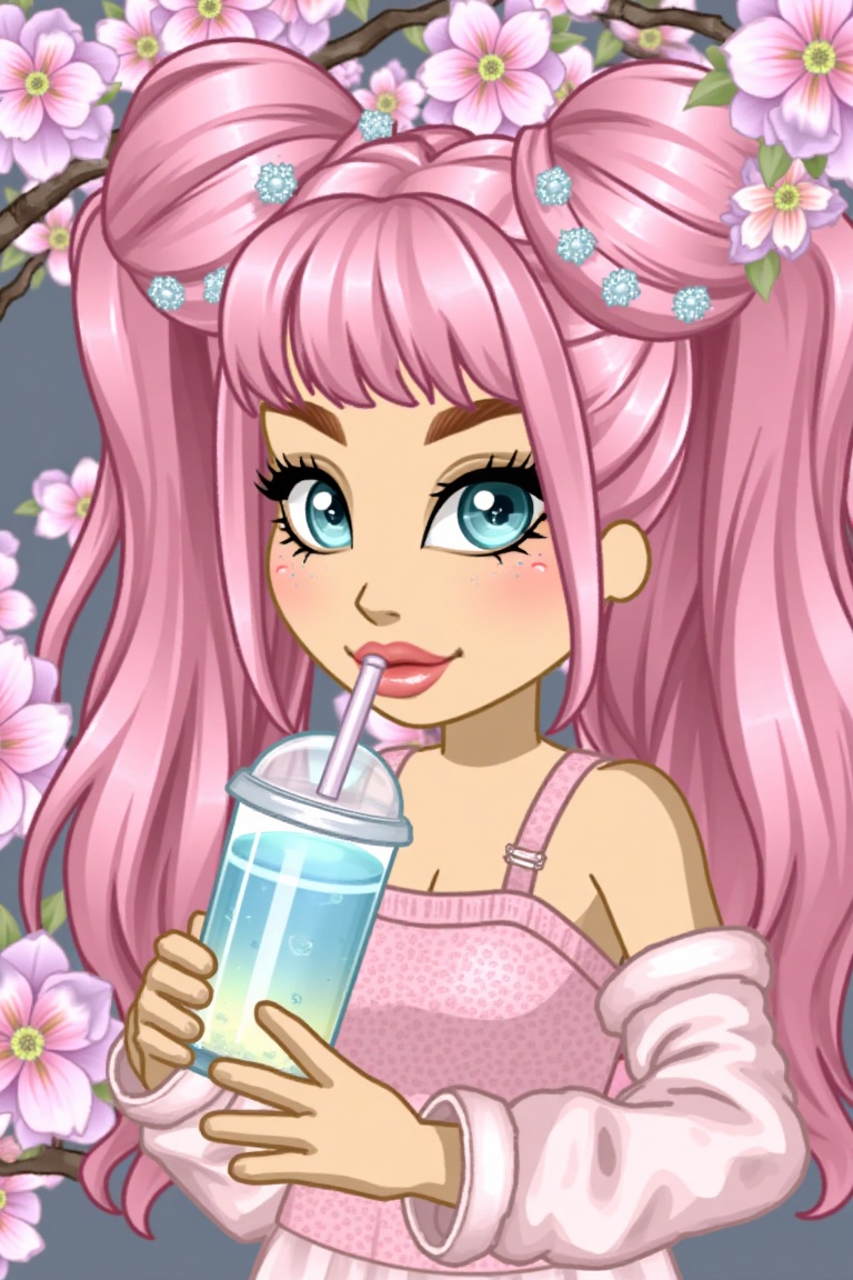 A vibrant,  pastel anime-style portrait of a young American woman with long,  voluminous pink hair styled in twin buns. Sh...