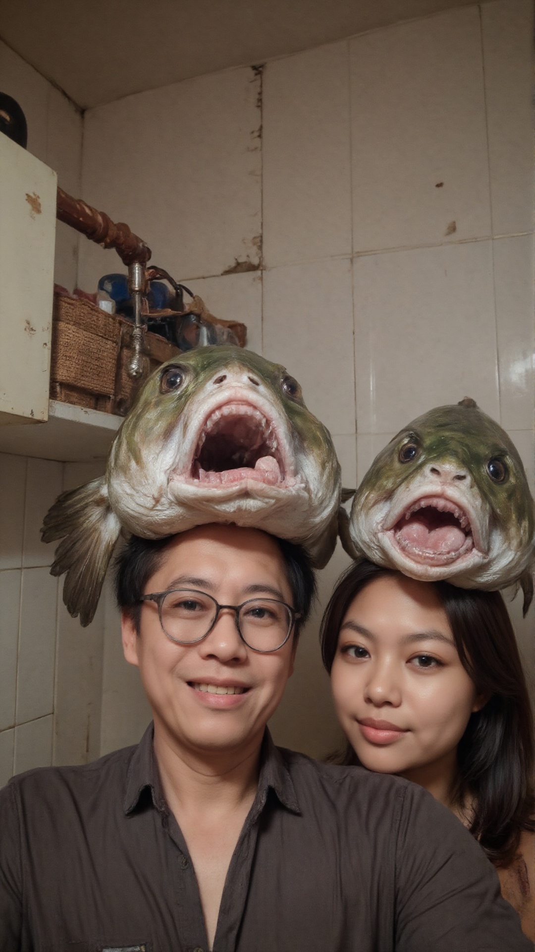 A whimsical snapshot captures a beaming couple,  their faces aglow with joy. Both wear giant fish as hats,  their 'heads'...