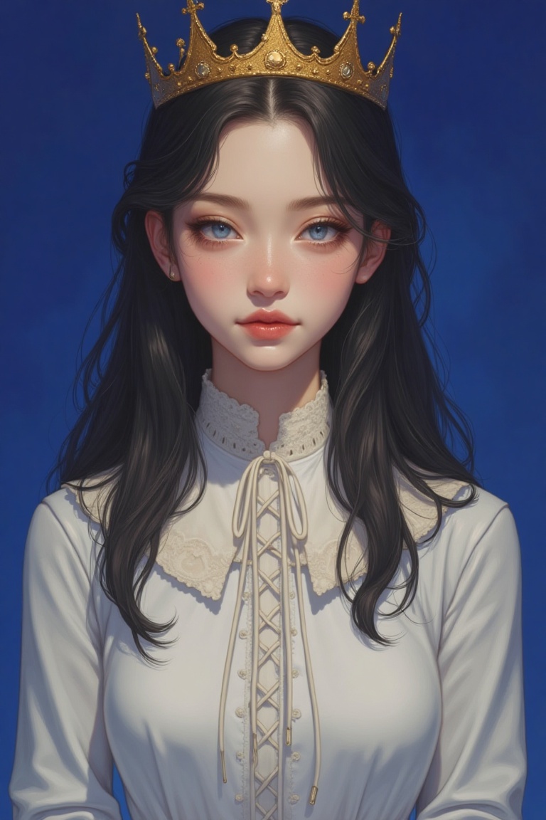 a medium-sized portrait of a young woman with long dark hair, wearing a white long-sleeved blouse, adorned with a white collar and a lace-up neckline. The woman's eyes are a piercing blue, and her hair cascades down to her shoulders. She is wearing a crown adorned with gold crowns, adding a touch of sparkle to her outfit. The backdrop is a deep blue, creating a stark contrast to the woman's outfit.,Beauty,Illustration 