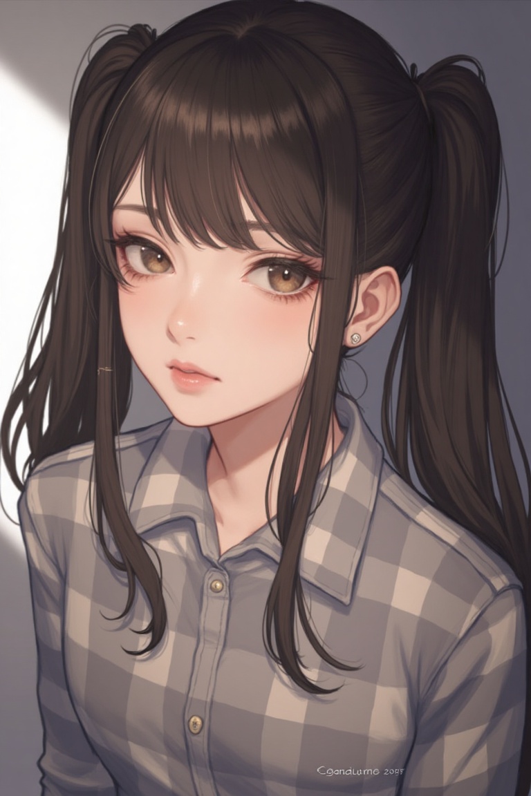 1girl, solo, long hair, looking at viewer, brown hair, shirt, black hair, twintails, brown eyes, jewelry, necklace, lips, plaid, realistic, plaid shirt